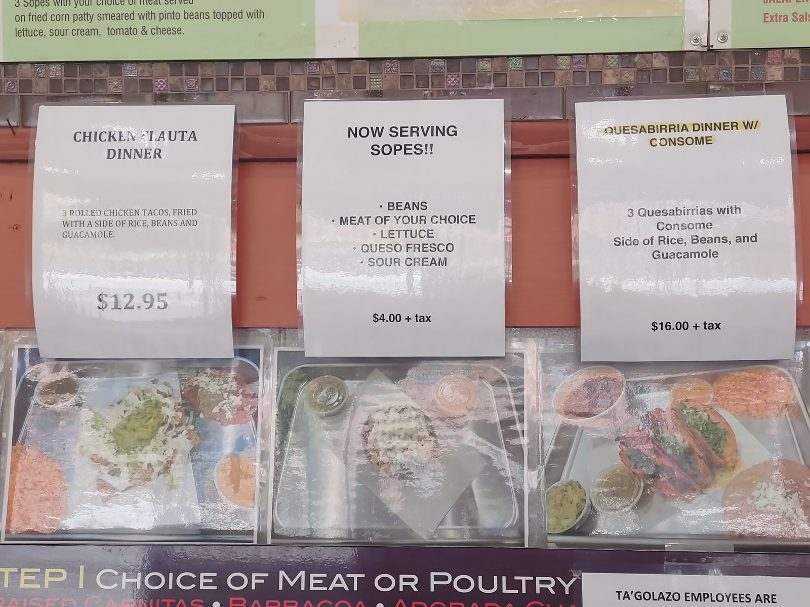 Counter signs for quesabirria dinner with consome, sopes, and chicken flauta dinner