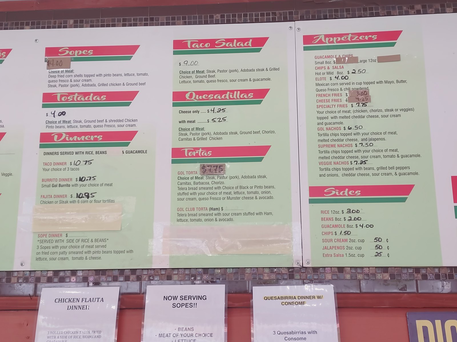 Menu board with sopes, tostadas, dinners, quesadillas, tortas, and appetizers